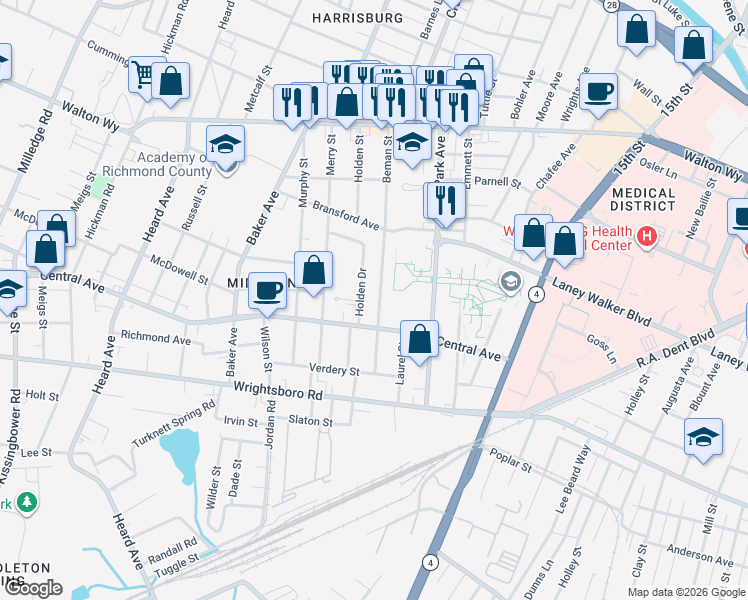 map of restaurants, bars, coffee shops, grocery stores, and more near 1227 Beman Street in Augusta