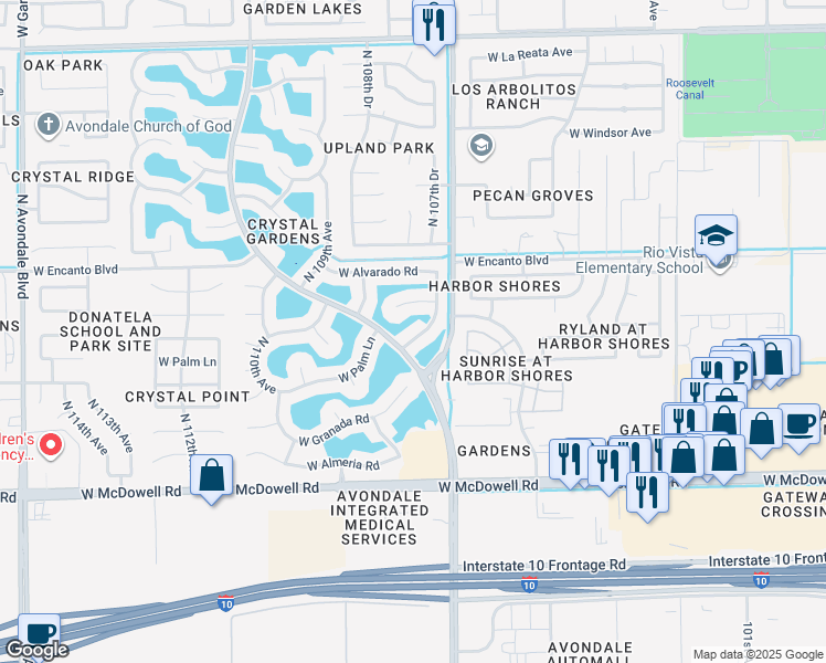map of restaurants, bars, coffee shops, grocery stores, and more near 1956 North 107th Drive in Avondale