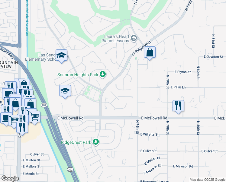 map of restaurants, bars, coffee shops, grocery stores, and more near 2947 North Avoca Circle in Mesa