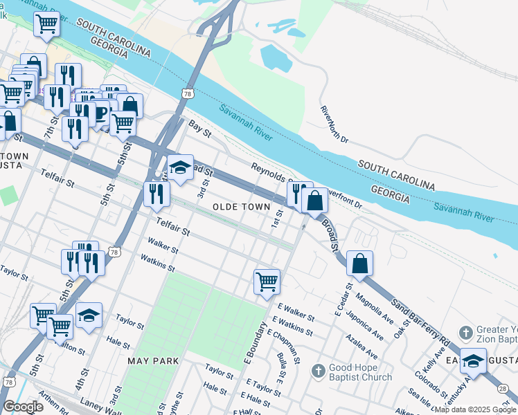 map of restaurants, bars, coffee shops, grocery stores, and more near 125 Ellis Street in Augusta