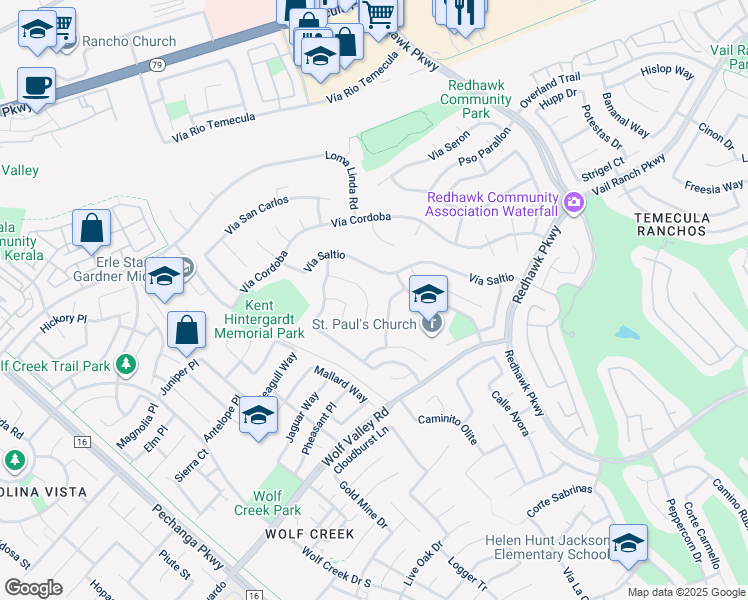 map of restaurants, bars, coffee shops, grocery stores, and more near 45304 Corte Progreso in Temecula