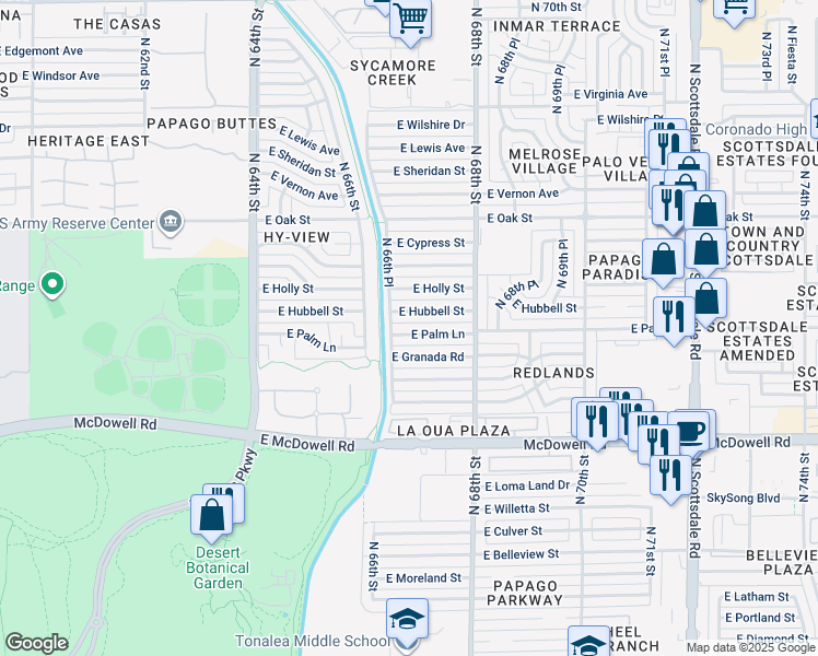 map of restaurants, bars, coffee shops, grocery stores, and more near 6638 East Palm Lane in Scottsdale