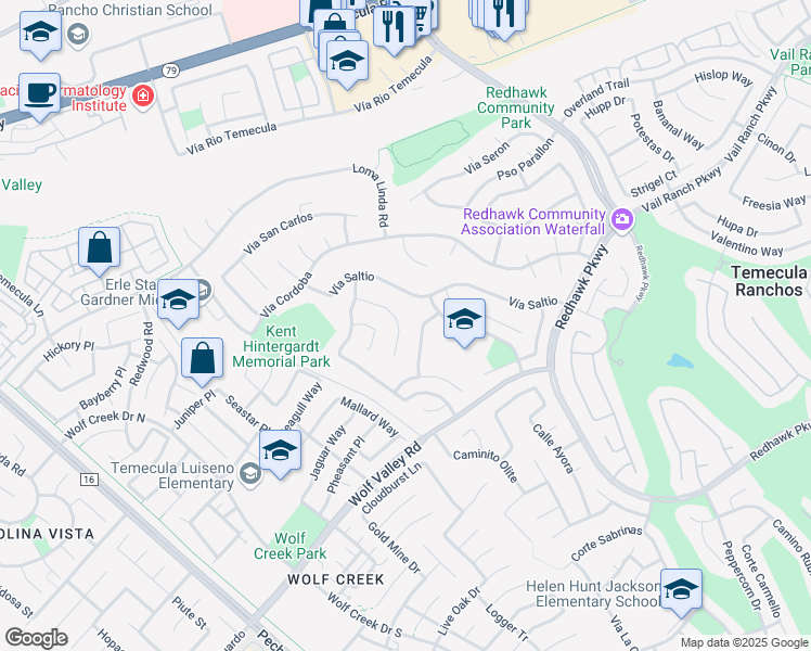 map of restaurants, bars, coffee shops, grocery stores, and more near 45304 Corte Progreso in Temecula