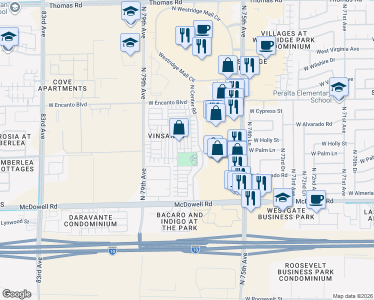 map of restaurants, bars, coffee shops, grocery stores, and more near 7730 West Palm Lane in Phoenix