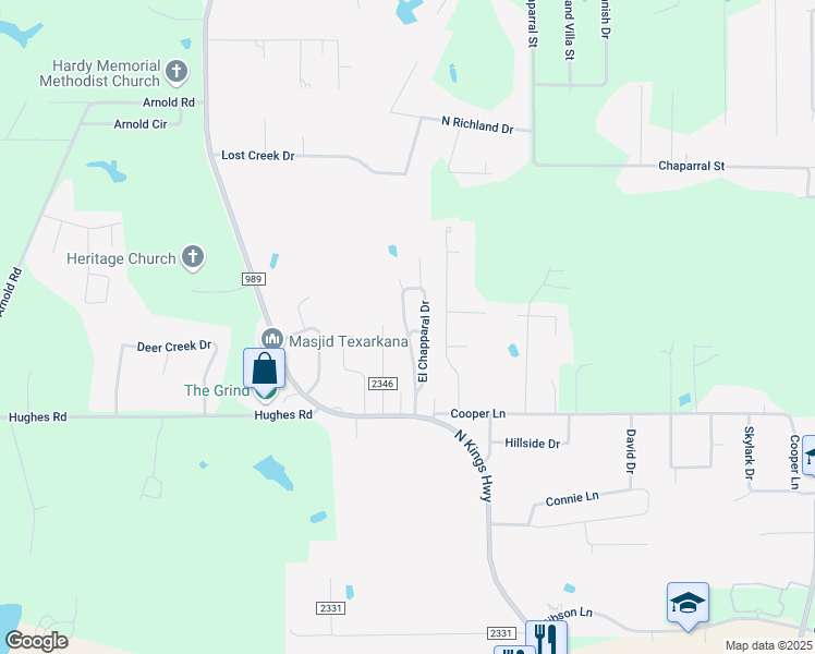 map of restaurants, bars, coffee shops, grocery stores, and more near 32 Sheri Lane in Texarkana