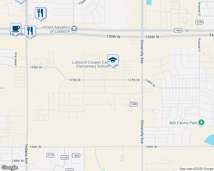 map of restaurants, bars, coffee shops, grocery stores, and more near 2500-2924 140th Street in Lubbock