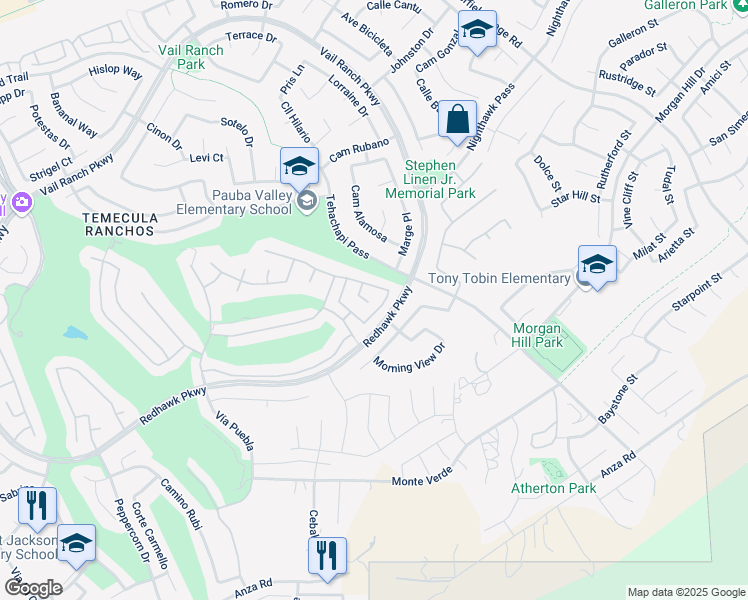 map of restaurants, bars, coffee shops, grocery stores, and more near 45289 Escalon Street in Temecula