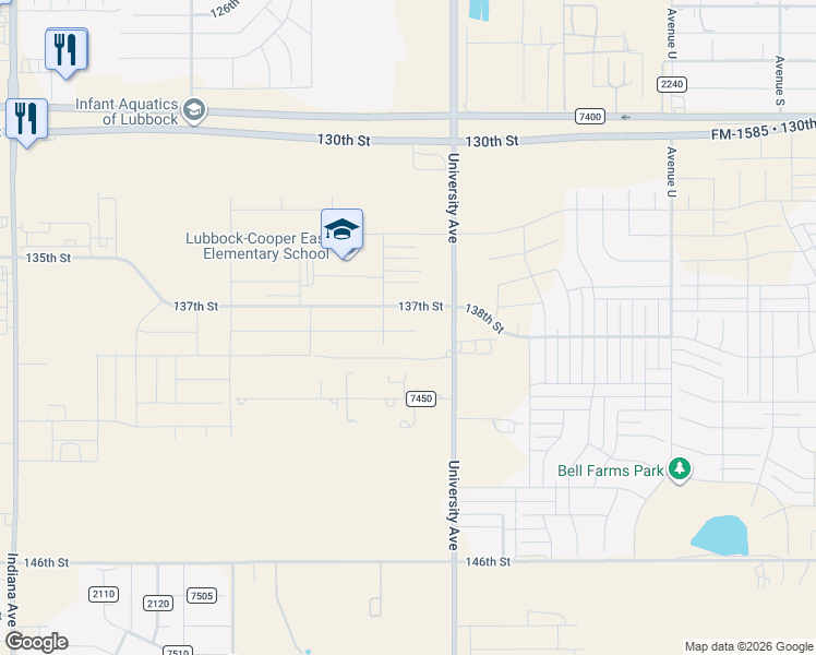 map of restaurants, bars, coffee shops, grocery stores, and more near 13000-13998 University Avenue in Lubbock