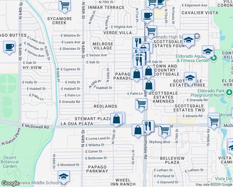 map of restaurants, bars, coffee shops, grocery stores, and more near 7002 East Palm Lane in Scottsdale