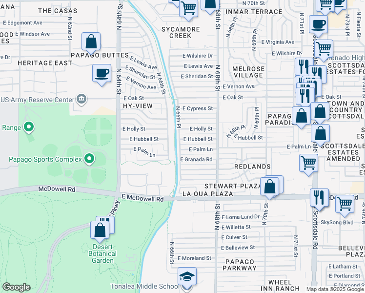 map of restaurants, bars, coffee shops, grocery stores, and more near 6638 East Palm Lane in Scottsdale