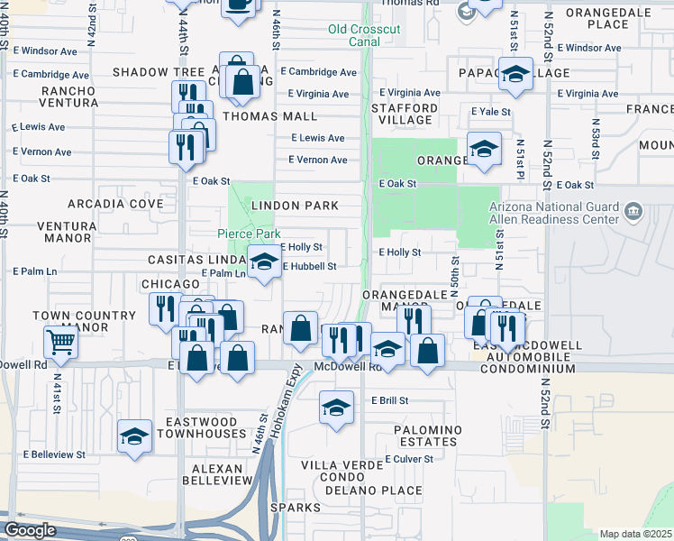 map of restaurants, bars, coffee shops, grocery stores, and more near 4709 East Hubbell Street in Phoenix