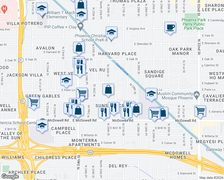 map of restaurants, bars, coffee shops, grocery stores, and more near 1923 North 25th Place in Phoenix