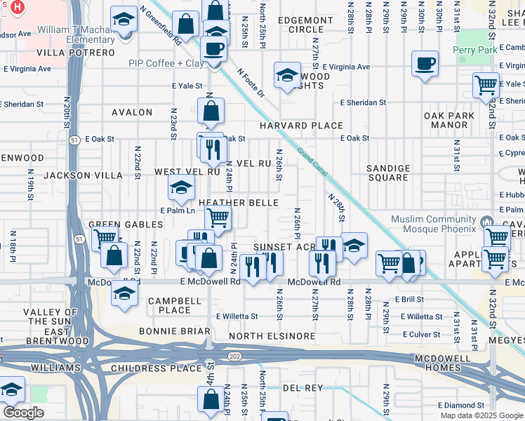map of restaurants, bars, coffee shops, grocery stores, and more near 2001 North 25th Street in Phoenix