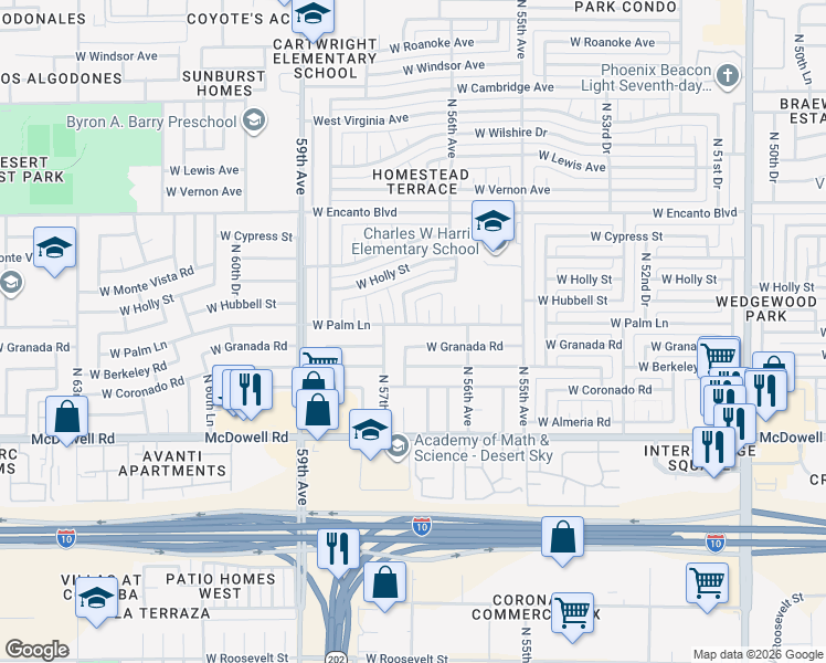 map of restaurants, bars, coffee shops, grocery stores, and more near 5643 West Palm Lane in Phoenix