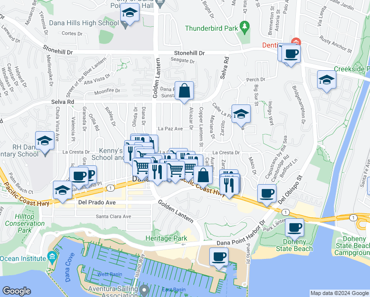 map of restaurants, bars, coffee shops, grocery stores, and more near 33962 Alcazar Drive in Dana Point
