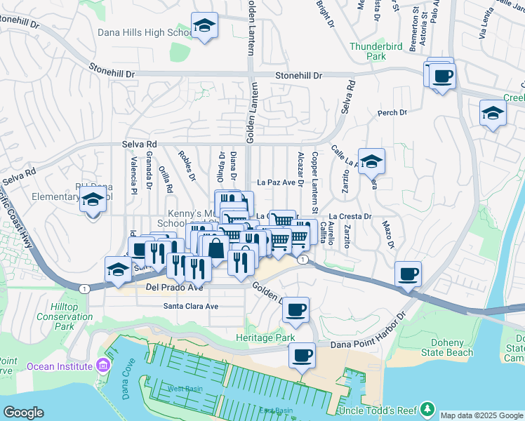 map of restaurants, bars, coffee shops, grocery stores, and more near 33926 Golden Lantern in Dana Point