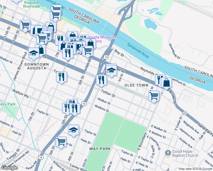 map of restaurants, bars, coffee shops, grocery stores, and more near 408 Greene Street in Augusta