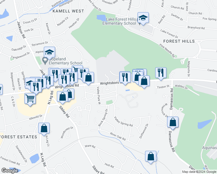 map of restaurants, bars, coffee shops, grocery stores, and more near 1701 Valley Park Court in Augusta