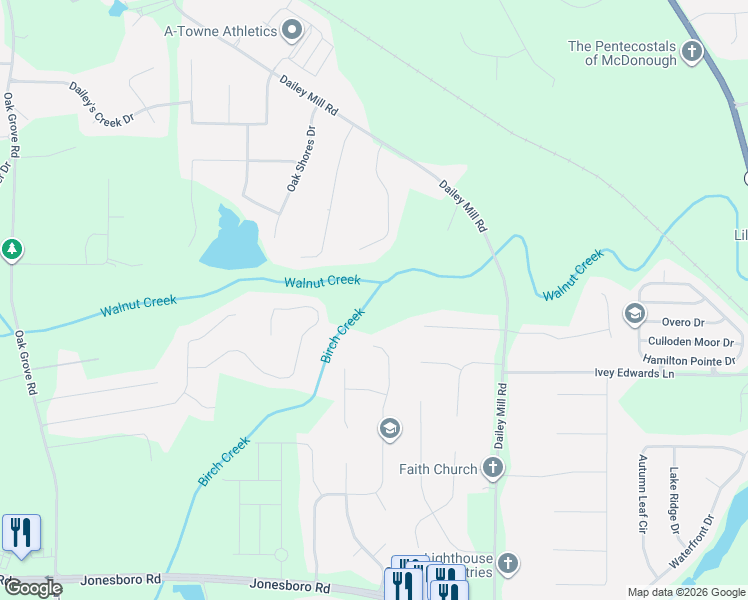 map of restaurants, bars, coffee shops, grocery stores, and more near 840 Monticello Lane in McDonough