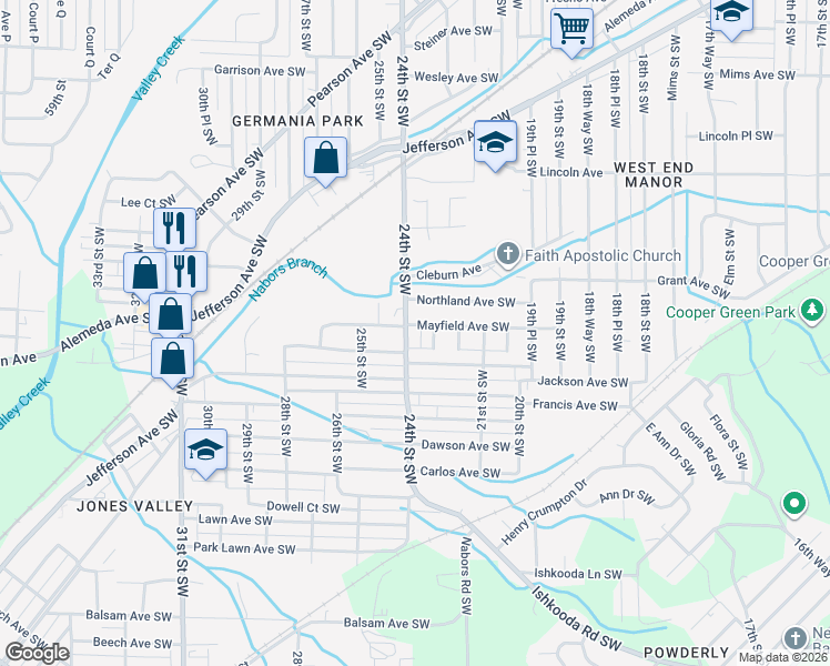 map of restaurants, bars, coffee shops, grocery stores, and more near 1501 24th Street Southwest in Birmingham