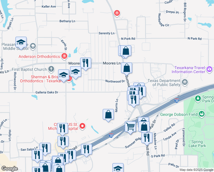 map of restaurants, bars, coffee shops, grocery stores, and more near 3A Fernwood Drive in Texarkana