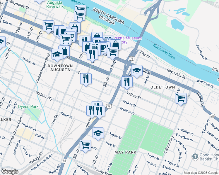 map of restaurants, bars, coffee shops, grocery stores, and more near 452 Telfair Street in Augusta