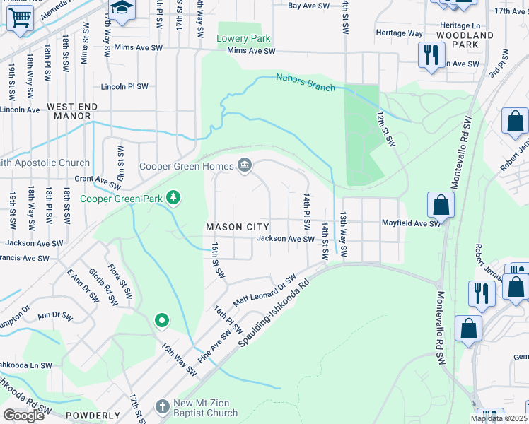 map of restaurants, bars, coffee shops, grocery stores, and more near 1812 15th Street Southwest in Birmingham