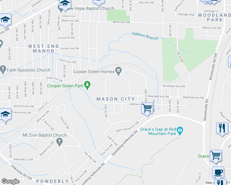 map of restaurants, bars, coffee shops, grocery stores, and more near 1825 15th Way Southwest in Birmingham