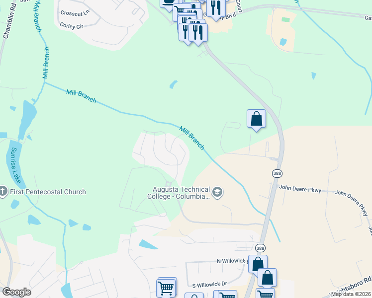 map of restaurants, bars, coffee shops, grocery stores, and more near 1212 Cobblefield Drive in Grovetown