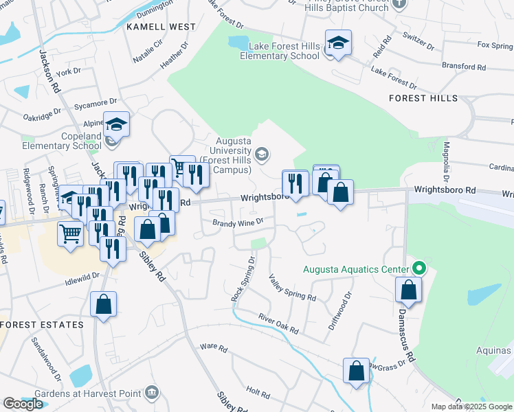 map of restaurants, bars, coffee shops, grocery stores, and more near 1700 Valley Park Court in Augusta