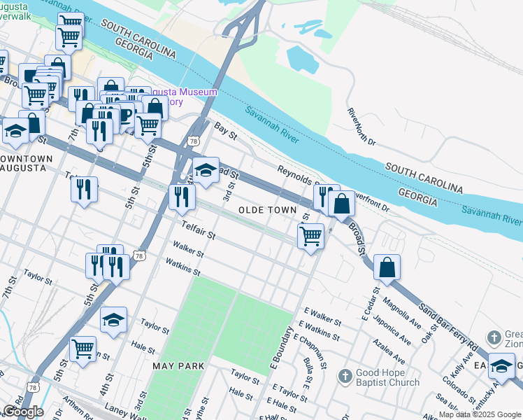 map of restaurants, bars, coffee shops, grocery stores, and more near 212 Ellis Street in Augusta