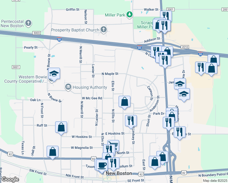 map of restaurants, bars, coffee shops, grocery stores, and more near 201 East McGee Street in New Boston