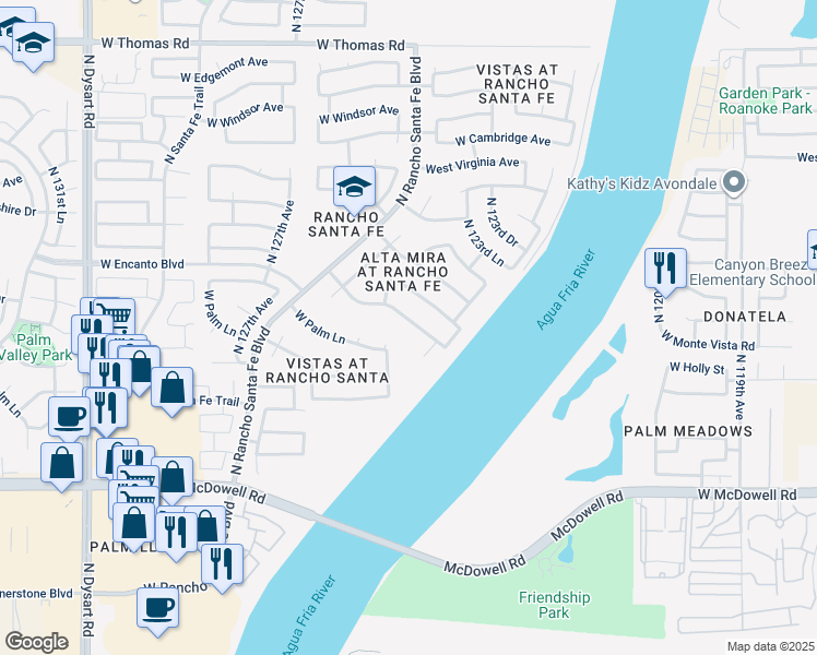 map of restaurants, bars, coffee shops, grocery stores, and more near 12415 West Monte Vista Road in Avondale