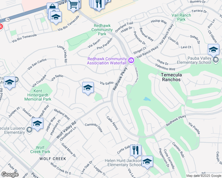 map of restaurants, bars, coffee shops, grocery stores, and more near 45298 Callesito Burgos in Temecula