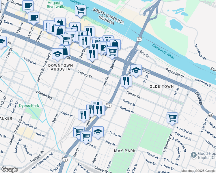 map of restaurants, bars, coffee shops, grocery stores, and more near 452 Telfair Street in Augusta