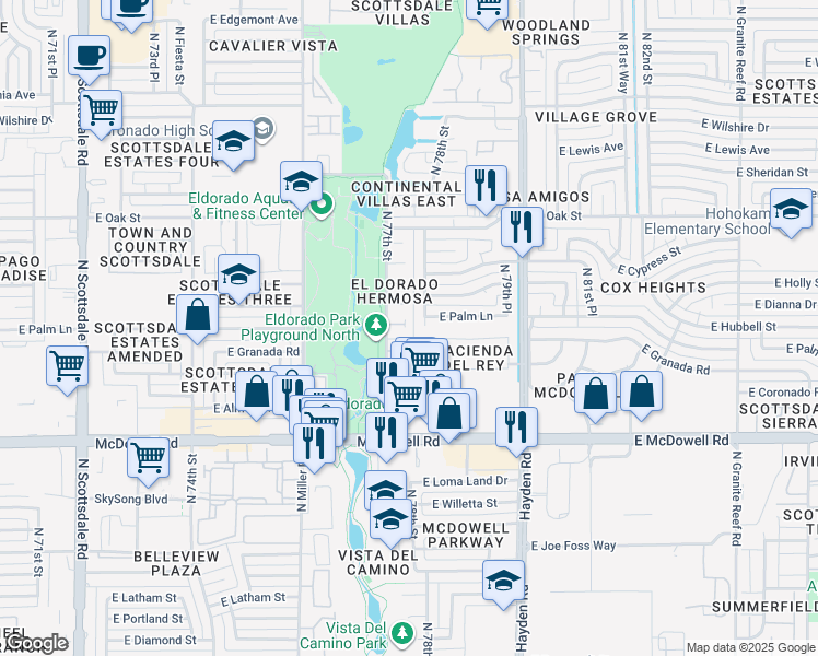 map of restaurants, bars, coffee shops, grocery stores, and more near 7733 East Palm Lane in Scottsdale