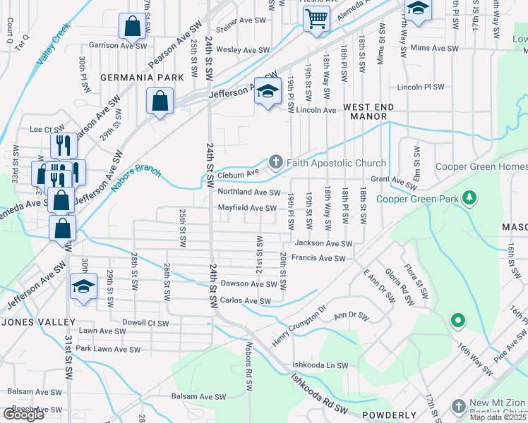 map of restaurants, bars, coffee shops, grocery stores, and more near 1515 21st Street Southwest in Birmingham