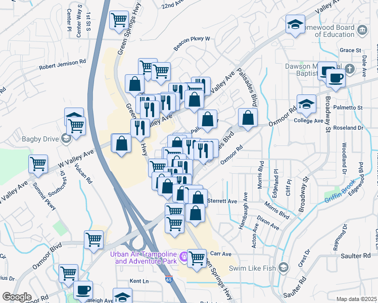 map of restaurants, bars, coffee shops, grocery stores, and more near 468 Palisades Boulevard in Birmingham