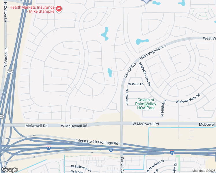 map of restaurants, bars, coffee shops, grocery stores, and more near 16421 West Alvarado Drive in Goodyear