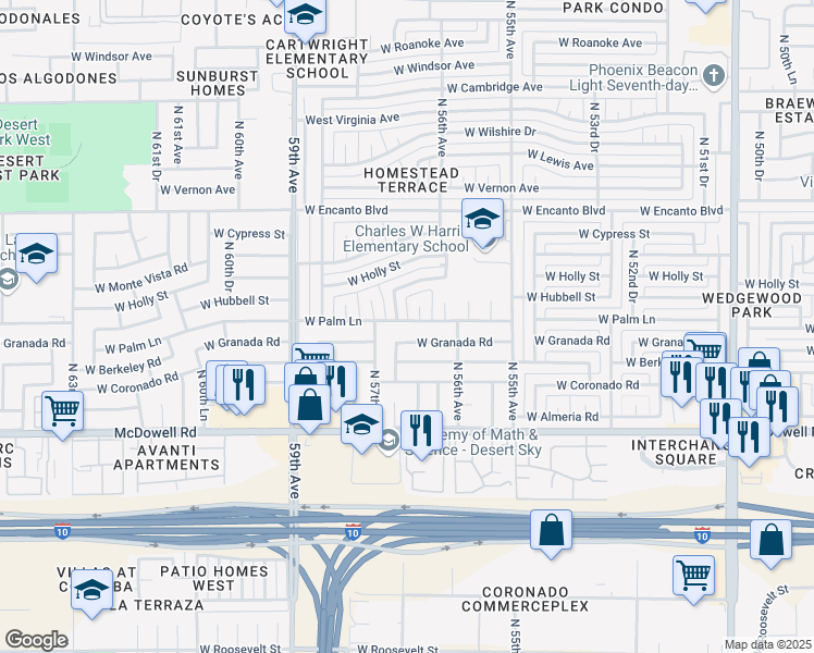 map of restaurants, bars, coffee shops, grocery stores, and more near 5643 West Palm Lane in Phoenix