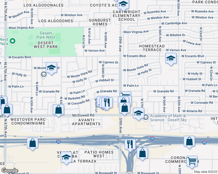 map of restaurants, bars, coffee shops, grocery stores, and more near 5935 West Palm Lane in Phoenix