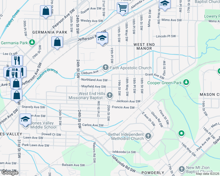 map of restaurants, bars, coffee shops, grocery stores, and more near 1656 19th Place Southwest in Birmingham