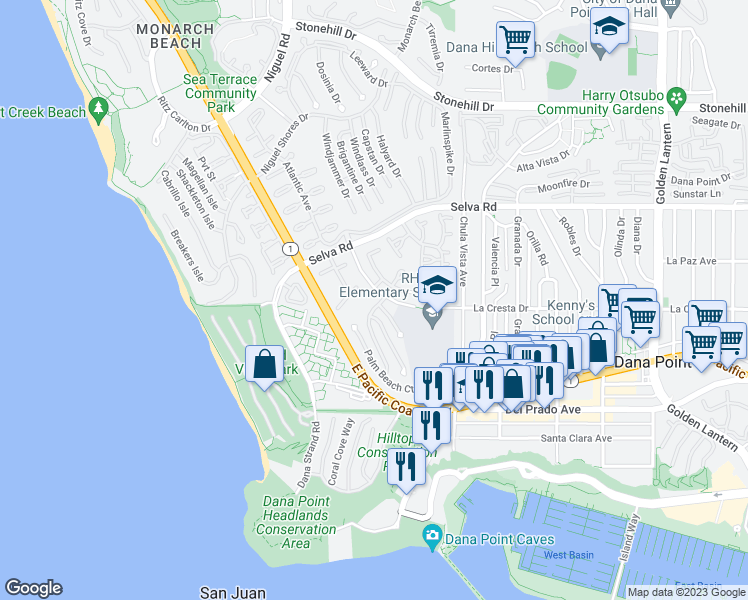 map of restaurants, bars, coffee shops, grocery stores, and more near 5 Regatta Way in Dana Point