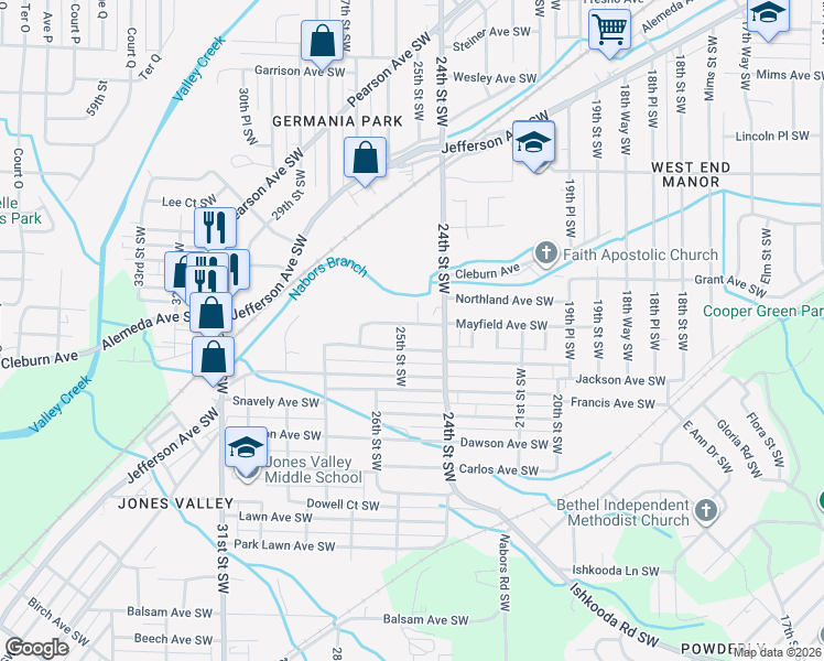 map of restaurants, bars, coffee shops, grocery stores, and more near 2429 Mayfield Avenue Southwest in Birmingham
