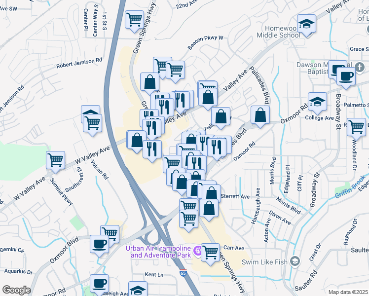 map of restaurants, bars, coffee shops, grocery stores, and more near 2751 Temple Crest Drive in Birmingham