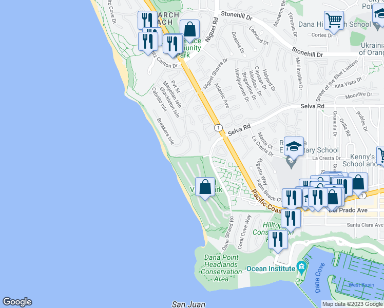 map of restaurants, bars, coffee shops, grocery stores, and more near 33981 Nauticus Isle in Dana Point