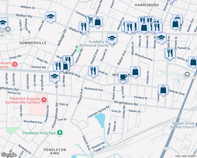 map of restaurants, bars, coffee shops, grocery stores, and more near 1113 Adrian Street in Augusta