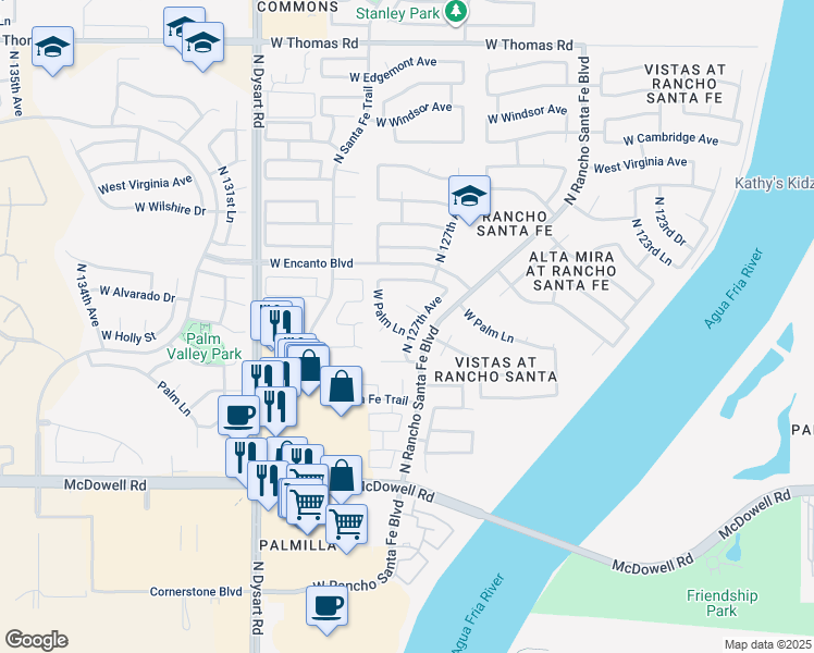 map of restaurants, bars, coffee shops, grocery stores, and more near 12726 West Palm Lane in Avondale