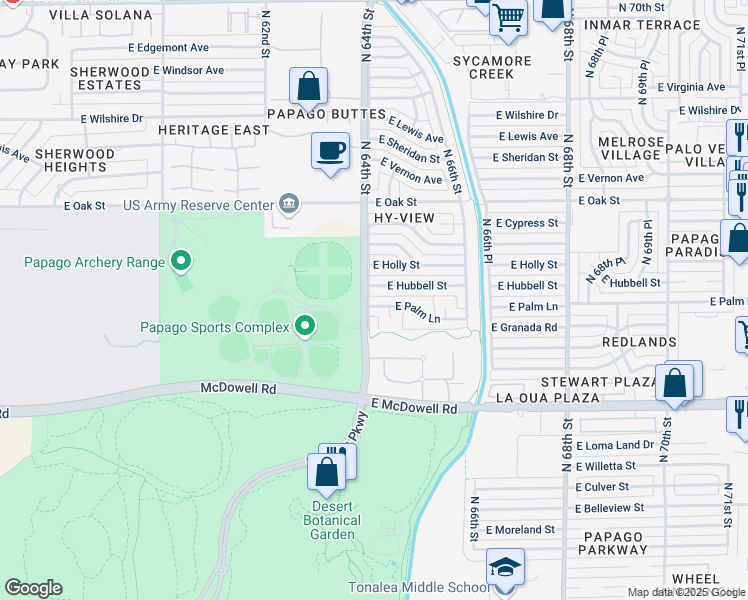 map of restaurants, bars, coffee shops, grocery stores, and more near 6402 East Palm Lane in Scottsdale