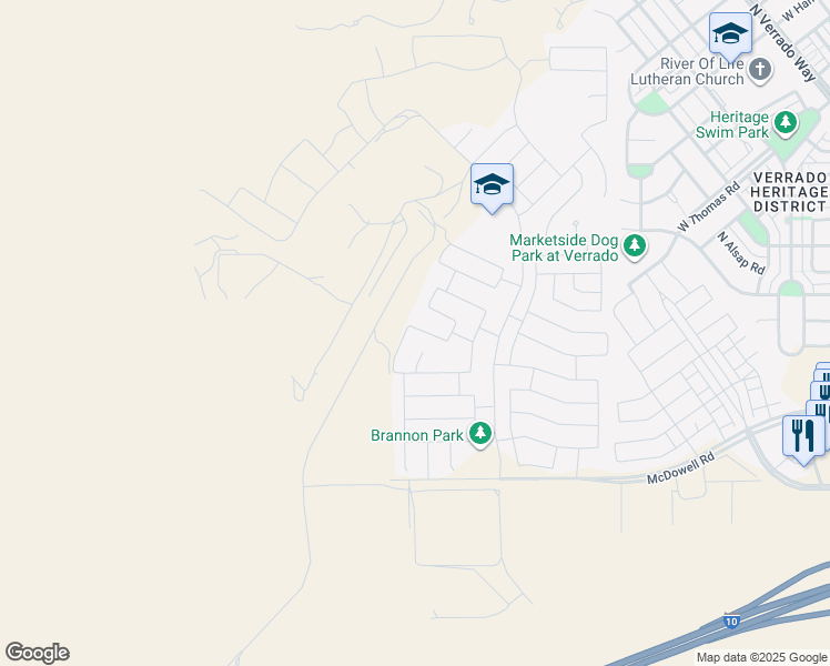 map of restaurants, bars, coffee shops, grocery stores, and more near 21445 West Palm Lane in Buckeye